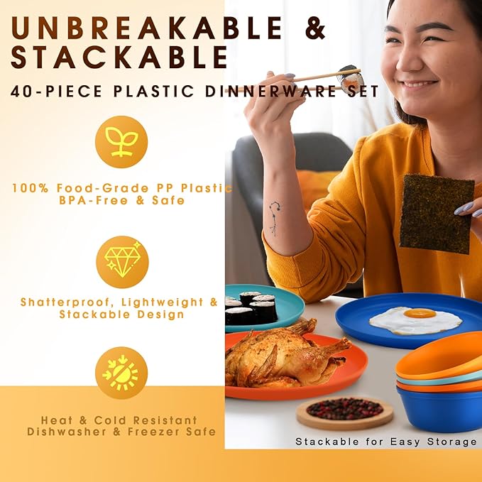 40 Piece Plastic Dinnerware Set for 8 with Cutlery Unbreakable Plates and Bowls Set Dishwasher &amp Microwave Safe Reusable Dish Set for Camping RV Outdoor Kitchen Apartment DiningTropic Multic