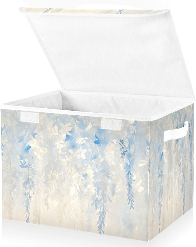 File Organizer Box White Wisteria Storage Bin with Lid Foldable Baskets for Office Document Storage 11.8x12.6 x16.5
