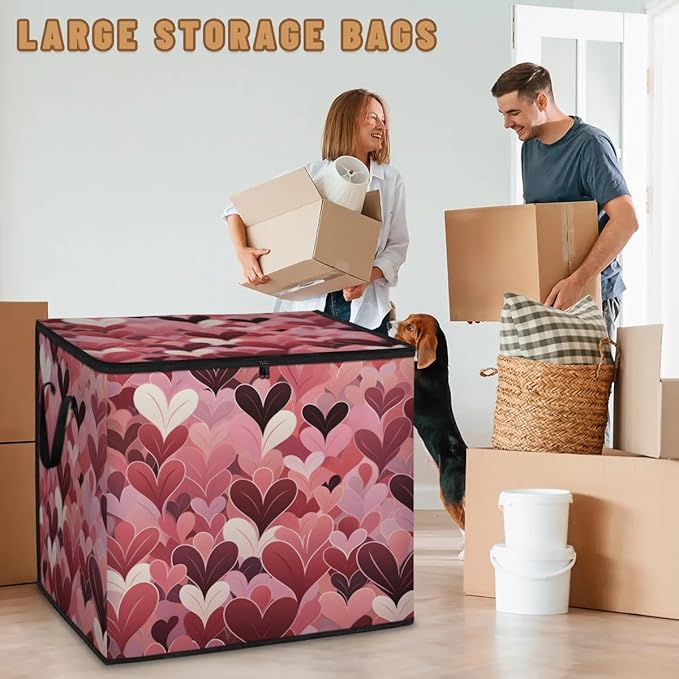 XL Large Clothes Storage with Lid Handle Heart Large Thick Clothes Blanket Storage Containers for Organizing Bedroom Closet Comforter Organization Storage Valentine's Day