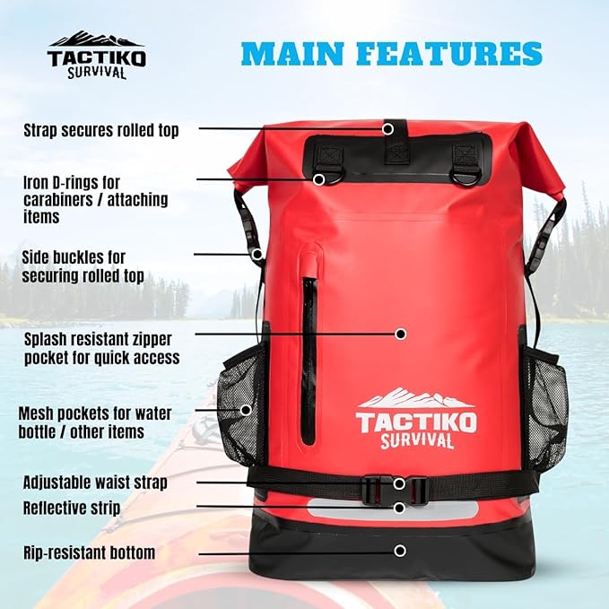 TACTIKO 30L Heavy-Duty 100% Waterproof Backpack Roll Top Dry Bags for Kayaking Hiking Camping Survival