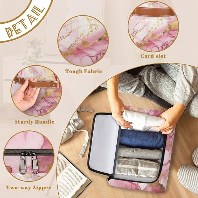 Marble Storage Bins with Zipper Lid Pink Gold Fabric Lidded Storage Baskets Cubes with Handles Decorative Foldable Shelf Closet Organizer Container