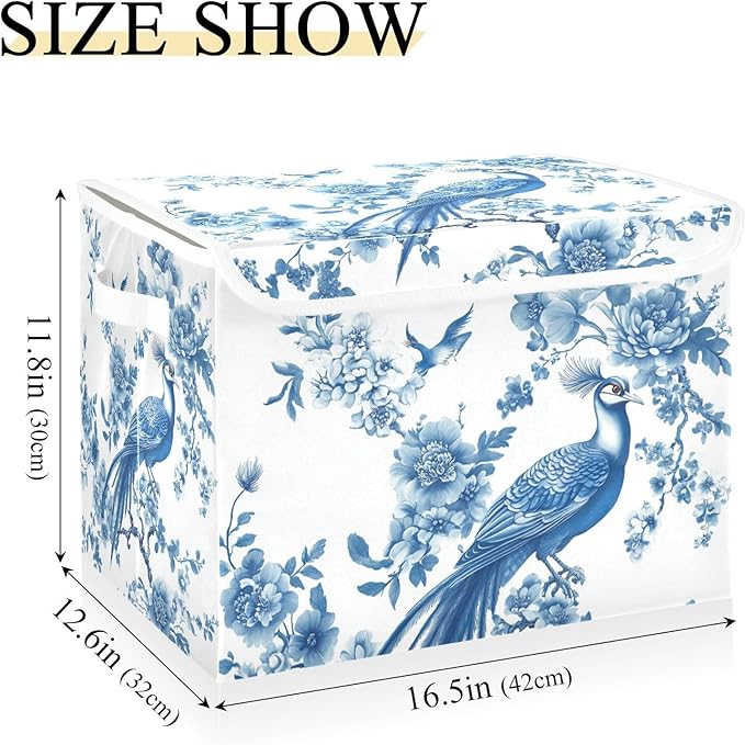 Collapsible Storage Bins with Lids Decorative Fabric Storage Cubes Closet Organizer and Storage Basket Boxes Containers for Clothes Box Chest Nursery Folding Rectangle Chinoiserie Peacock