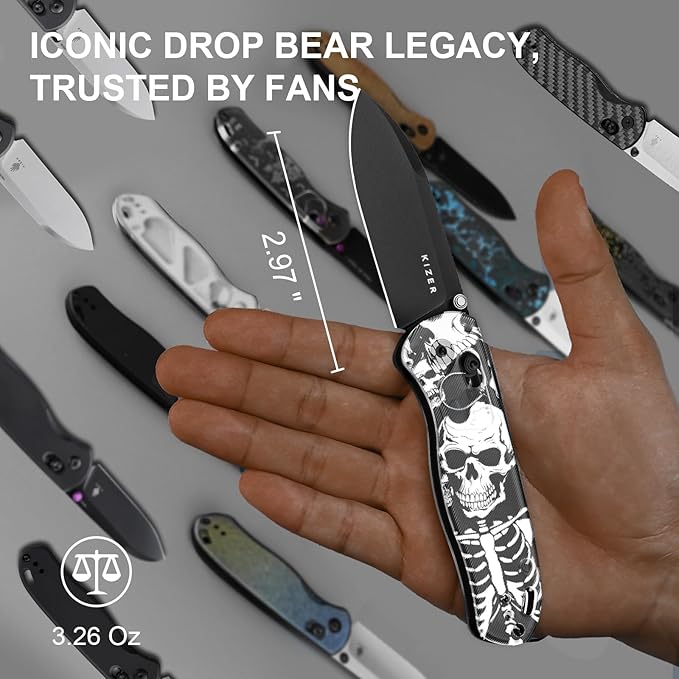 Kizer Drop Bear EDC Pocket Knife 2.97” Nitro-V Blade Acrylic Handle Folding Knife with Thumb Stud Opener Clutch Lock EDC Knives for Men Women Gift V3619A12