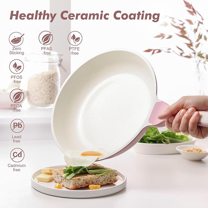SENSARTE Nonstick Ceramic Frying Pan with Lid 12.5 Inch Cooking Pan Skillet Free of Intentionally Added PFAS/PTFE Non-toxic Chef's Pan Induction Compatible Pan Heat Resistant Handle Sakura Pink