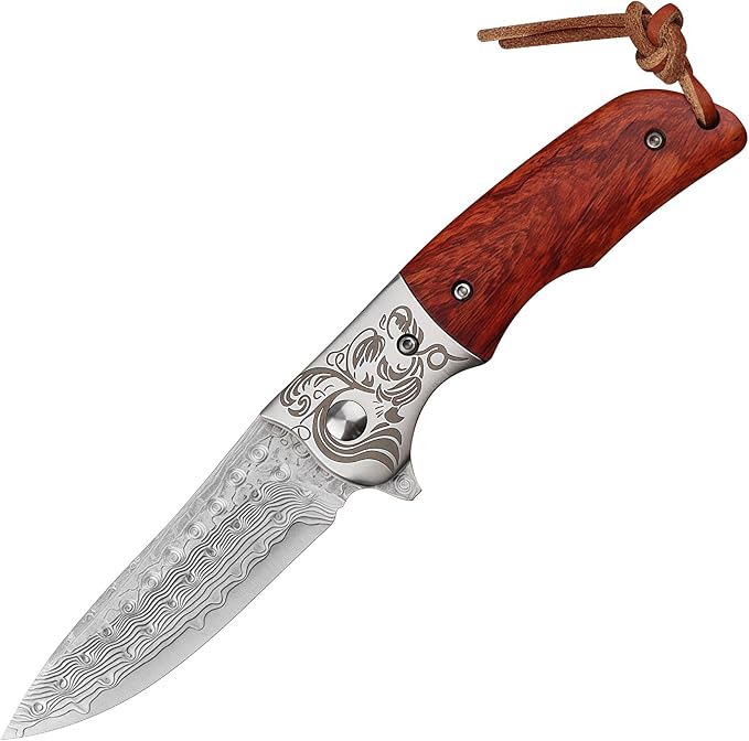 Damascus Steel Knife Knives for Men HRC 60 Rosewood Handle Hand-Forged Damascus Folding Knife Gifts for Hunters Men who have Everything Camping Knives &amp Tools Gift Ideas for Boyfriend