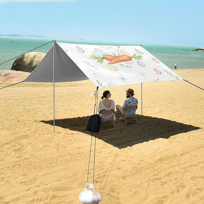 Beach Canopy with Windproof Ropes &amp Sandbags Beach Tent Sun Shade Sun Shelter for Camping Trips Fishing Backyard Fun or Picnics Easter Bunny