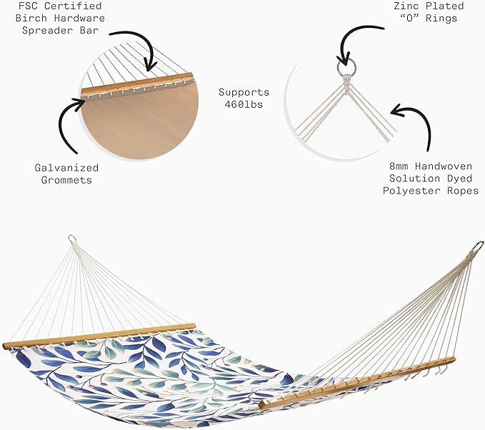 Fab Habitat Botanical Floral Recycled Polyester Hammock - Rainforest - White Multi - Indoor/Outdoor Quick Dry 2 Person 460 lbs Capacity - Patio Poolside Backyard - 12-14 ft Adjustable