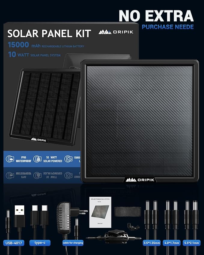 Trail Camera Solar Panel: 6V/9V/12V Game Camera Solar Panel Charger kit Build-in 15000mAh Rechargeable Lithium Battery with USB-A/USB-C IP66 Water-Resistant