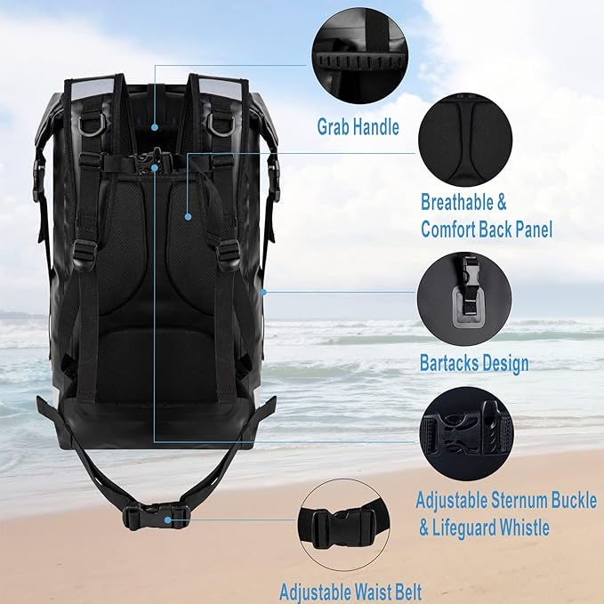 Vogano Waterproof Backpack Waterproof Bag Dry Bags 30L Roll Top Closure Travel Bags For Kayaking Camping Boating Hiking Beach (Black)
