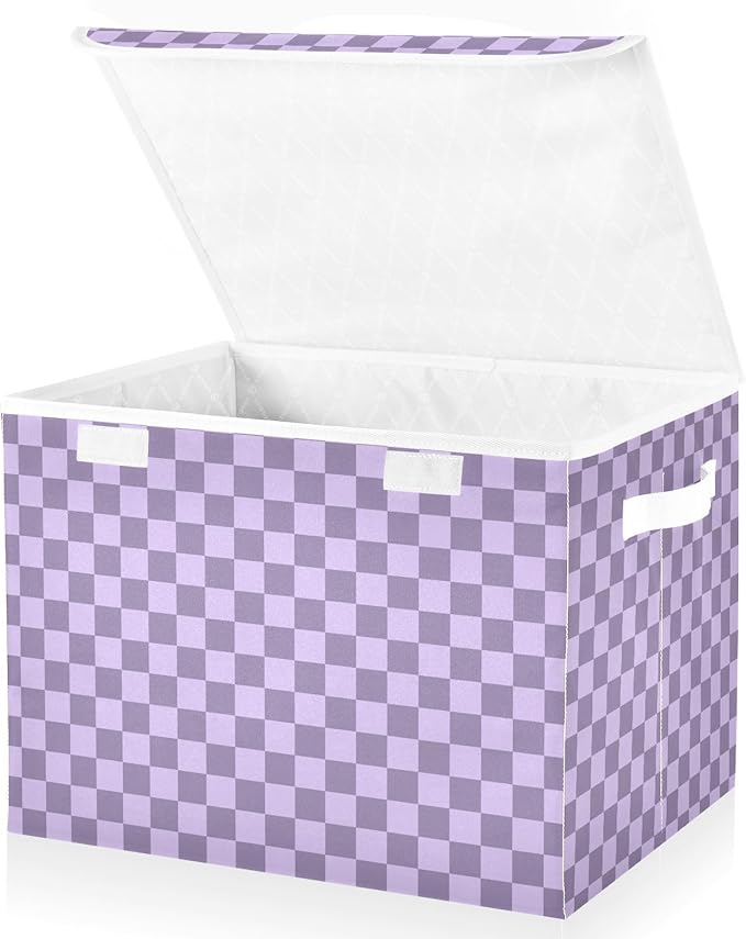 Purple Grey Checkerboard Storage Baskets Lidded Bin Foldable Storage Boxes Cubes Lids with 2 Handles for Organizing Closet Home Office