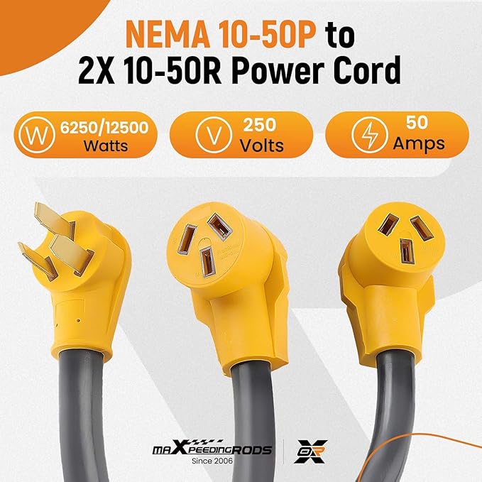 maXpeedingrods 50 Amp Y Splitter NEMA 10-50P to 2X 10-50R 3-Prong 250V Range Cord Adapter for Welder EV Charger Dryer RV STW 6 AWG 3 Feet