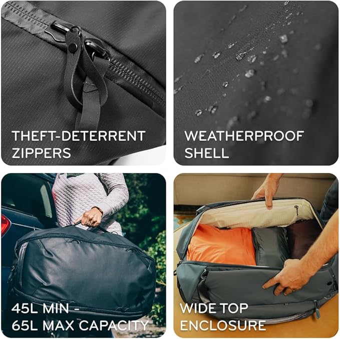 Peak Design Travel Duffelpack 45-65L Eclipse Weatherproof Duffel Backpack Expandable Extra-Long Zip Stowable Straps Fits Packing &amp Camera Cubes Versatile Bag for Travel &amp Adventure