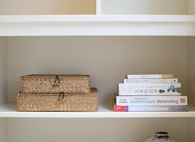 DOKOT Flat Seagrass Storage Bins with Lid Wicker Basket for Shelf Organize Set of 2 (Small+Large)