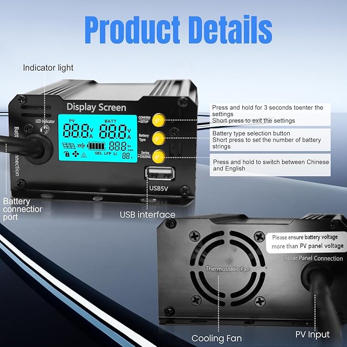 900W SmartSolar MPPT Boost 24V/36V/48V/60V/72V MPPT Solar Charge Controller LCD Display Solar Panel Regulator for Sealed Flooded AGM Gel LFP User Batteries Ideal for Golf Carts Electric Vehicles RVs
