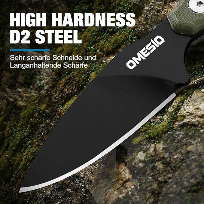 Omesio Compact Neck Knife with Sheath and Necklace D2 Steel 2.99-Inch Blade Full Tang G10 Handle Fixed Blade for EDC Hiking Camping (Black Blade + Green Handle)