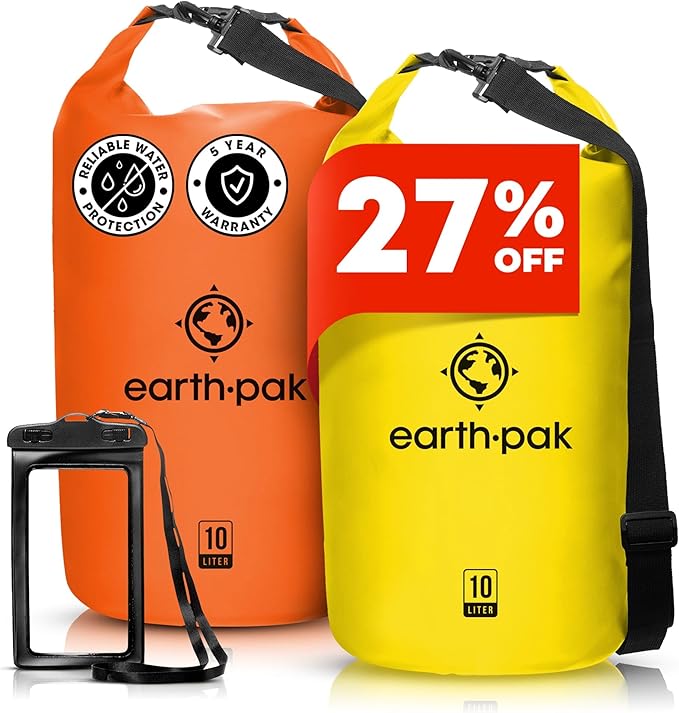 Earth Pak Waterproof Dry Bag - Roll Top Waterproof Backpack Sack Keeps Gear Dry for Kayaking &amp Fishing with Phone Case (Orange 10L &amp Black 10L)