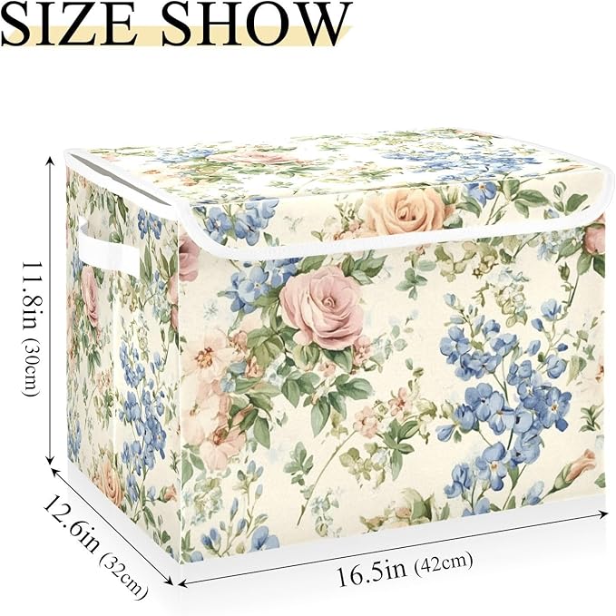 Collapsible Storage Bins with Lids Decorative Fabric Storage Cubes Closet Organizer and Storage Basket Boxes Containers for Clothes Box Chest Nursery Folding Rectangle Shabby Rose Bluebonnet