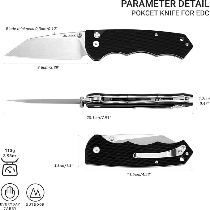 Pocket Folding Knife - 3.39 EDC Knife D2 Blade Stonewashed Finish - G10 Handle with Thumb Stud - Pocket Knife for Men Women - Camping Hiking Survival Preparation