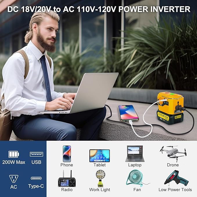 DC 20V to AC 110V Power Inverter Compatible with Dewalt 20V Max Battery 200W Portable Modified Sine Wave Power Inverter Converter with LED Light USB and Type-C Port(No Battery)