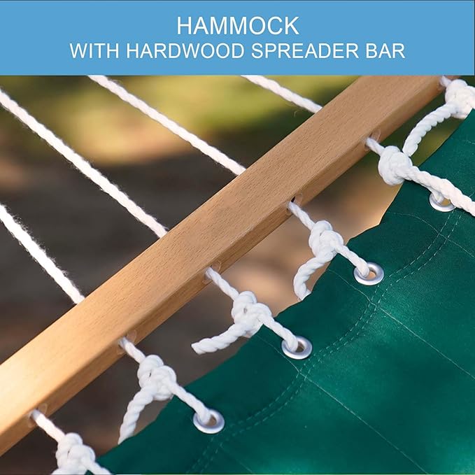Lazy Daze Hammocks 12 FT Double Quilted Fabric Hammock with Spreader Bar and Detachable Pillow 2 Person Hammock for Outdoor Patio Backyard Poolside 450 LBS Weight Capacity Dark Green