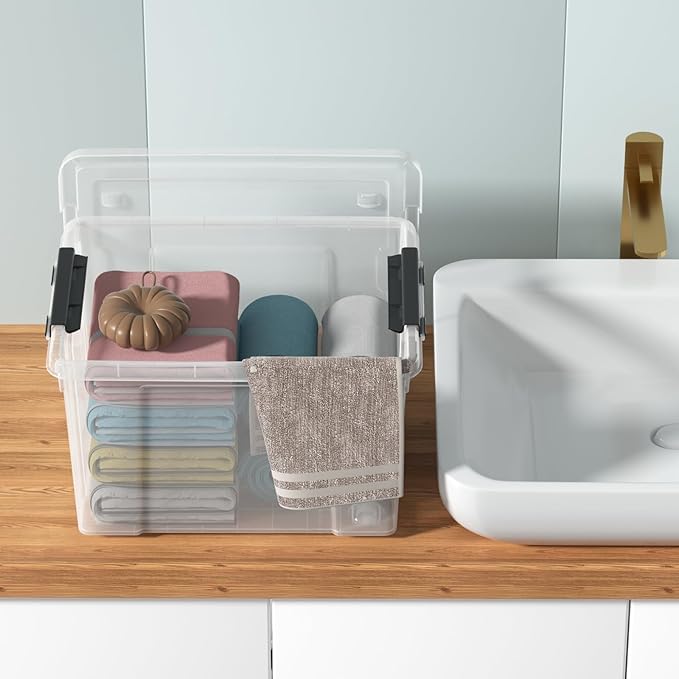 Morcte 23 L Plastic Clear Storage Bin with Lids and Latching Buckles 4-Pack Stackable Clear Storage Box with Wheels