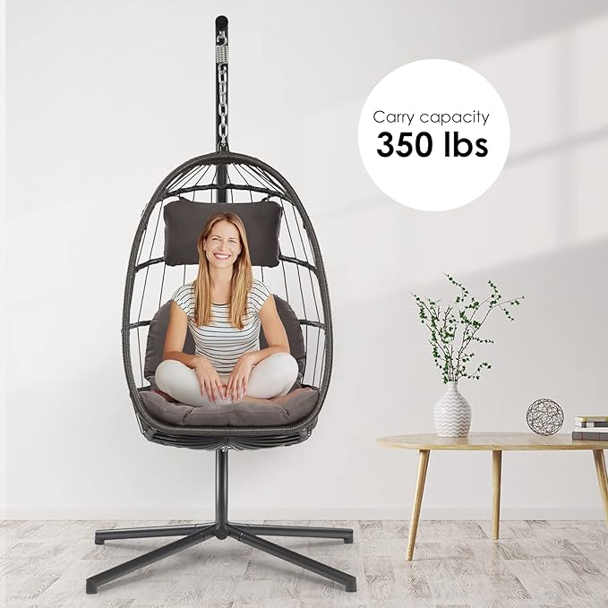XIAO WEI Egg Chair with Stand - Patio Rattan Wicker Hanging Swing Egg Chair Hammock Chair for Indoor Outdoor Bedroom Garden - Aluminum Steel Frame and UV Resistant Cushion 350LBS Capacity (Dark Grey)