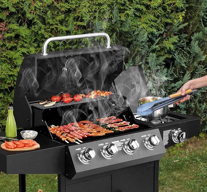Bonnlo 4 Burner Propane Grills with Side Burner and Porcelain-Enameled Grates 58000BTU Gas Grill with Side Shelf and Portable Rolling Wheels Grill for Outdoor Cooking BBQ Patio Backyard