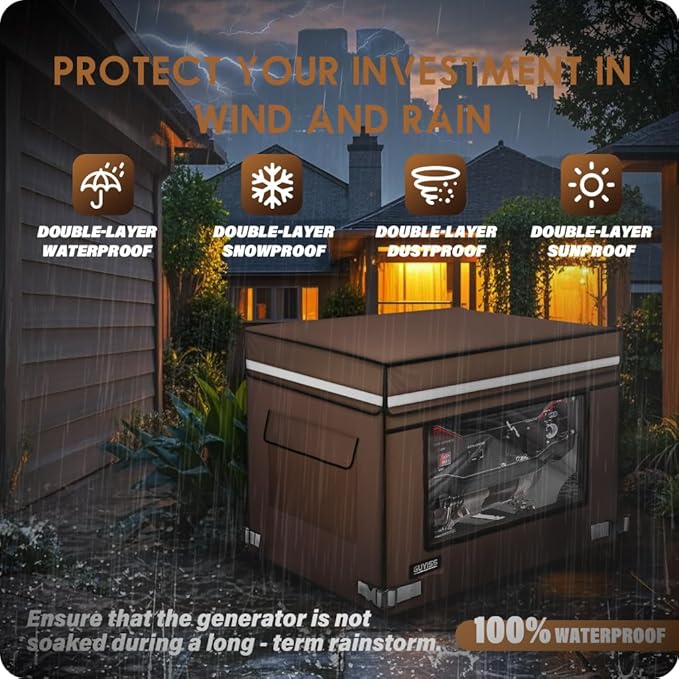 Running Generator Cover. 32L×24W×24H Generator Cover Top Can Be Opened for Refueling 900D+210D Heavy Duty Waterproof PVC Transparent Visual Operation Window Coffee