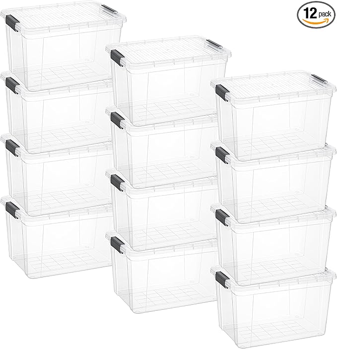 Superio Clear Storage Boxes with Lids Deep BPA Free Plastic Containers Bins for Organizing Stackable Crates Organizer Totes for Home Office School and Dorm (14.25 Quart 12 Pack)