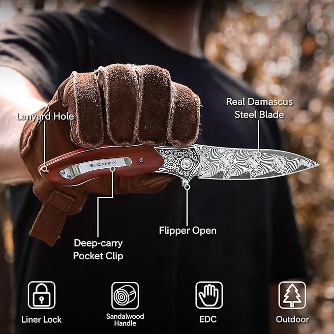 Damascus Pocket Knife Sharp 3.54 Damascus Steel Folding Knives with Wood Handle EDC Knife for Camping Hiking Collection