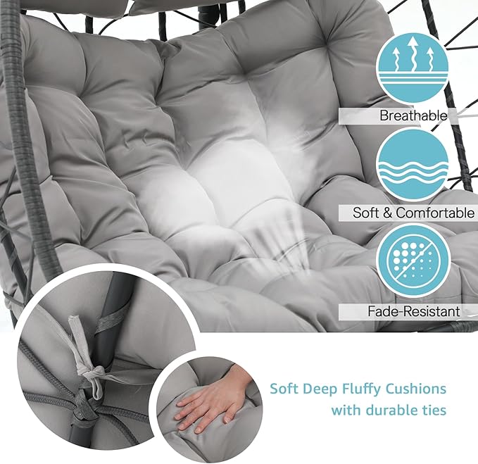 Patiorama 2 Person Double Egg Swing Chair with Stand Indoor Outdoor Patio Wicker Rattan Hanging Egg Chair w/Cushion Pillow Foldable Hammock Chair 550lbs for Bedroom Balcony Garden (Light Grey)