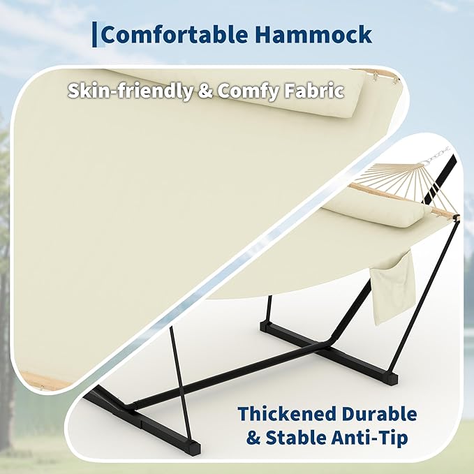 Double Hammock with Stand - Heavy Duty Portable 2 Person Design with Adjustable Steel Stand Max 450LBS Ideal for Outdoor Patio Garden Beach &amp Backyard