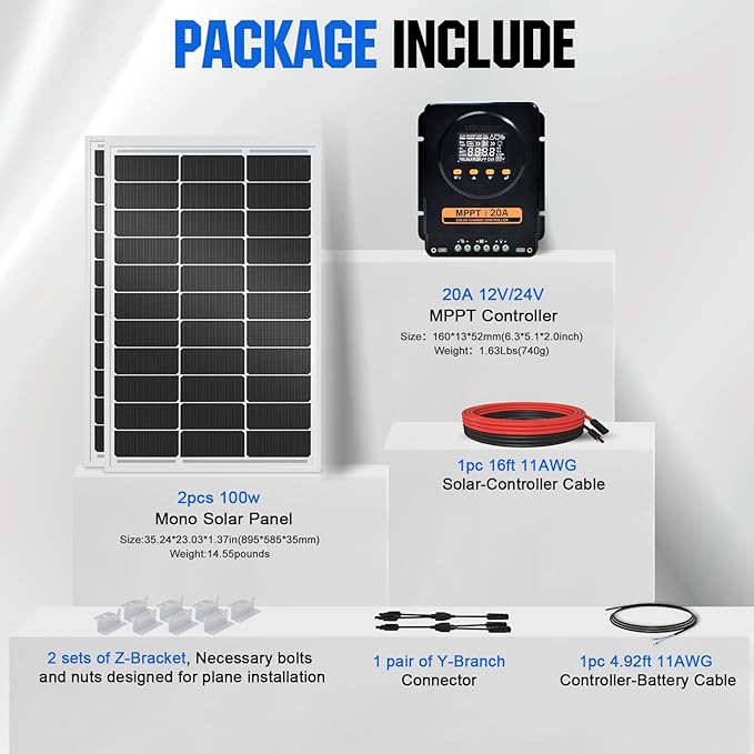 ECO-WORTHY 200 Watts 12 Volt/24 Volt Solar Panel Kit with 20A Bluetooth APP Monitoring MPPT Controller and High Efficiency Monocrystalline Solar Panel for HomeRVCamperand Other Off Grid Application
