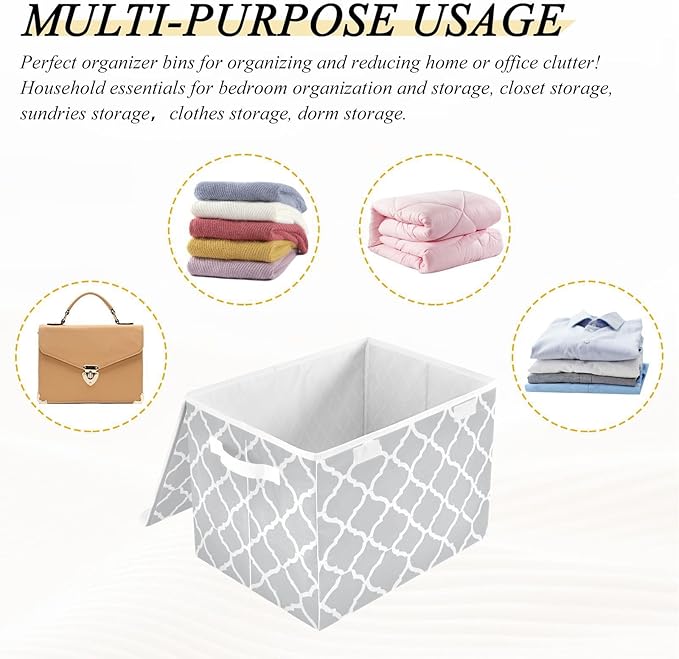Storage Bins with Lids Storage Containers Box Organizer Bin Basket with Handles for Closet Shelves Clothes Stackable Foldable Decorative Silver Geometric Quatrefoil