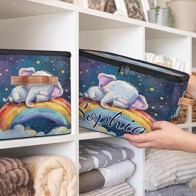 Custom Storage Basket with Name Personalized Storage Bins with Zipper Lid Foldable Fabric Storage Box Large capacity with Handle Elephant Rainbow