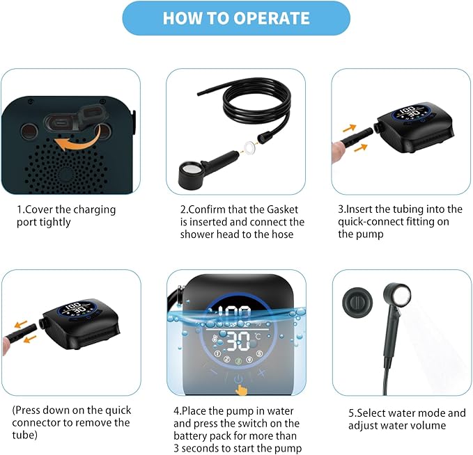 Portable Shower for Camping 8000mAh Rechargeable Camping Electric Shower with Intelligent Digital Display Outdoor Camp Pump Showerhead Nozzle for Hiking Travel Car Pet