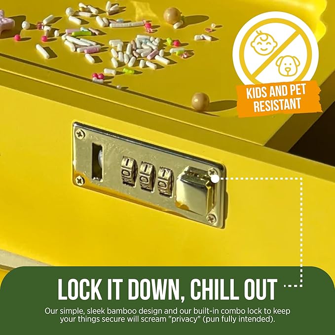 HASHSTASH The OG Storage Box - Large Bamboo Box with Combination Lock Magnetic Lid Organizer Tray Airtight Tube and 3 Jars - Discreet Decorative Locking Wooden Box with Accessories (Yellow/Gold)
