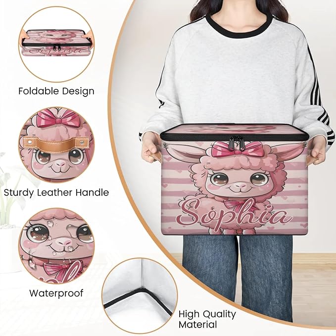Custom Storage Basket with Name Personalized Storage Bins with Zipper Lid Foldable Fabric Storage Box Large capacity with Handle Bow Alpaca