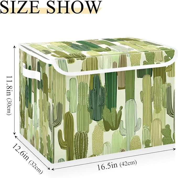 Storage Bins with Lids Storage Containers Box Organizer Bin Basket with Handles for Closet Shelves Clothes Stackable Foldable Decorative Green Line Cacti