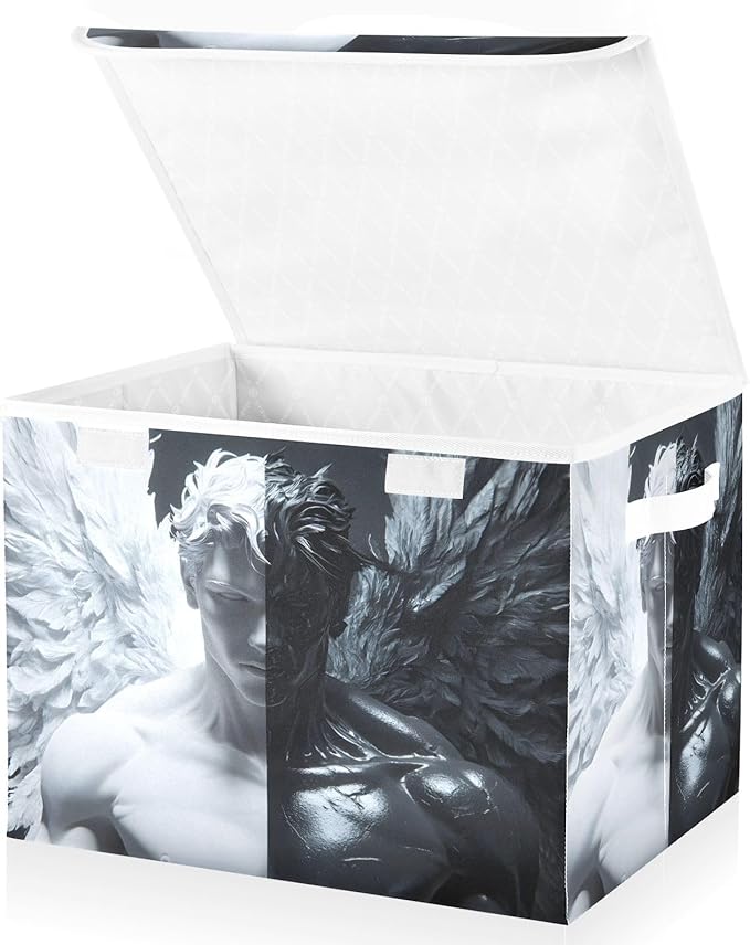 Black and White Angel Storage Cube Bins Basket with Lid Collapsible Flip-top Fabric with Handle for Home Bedroom Closet Office 16.5×12.6×11.8 in