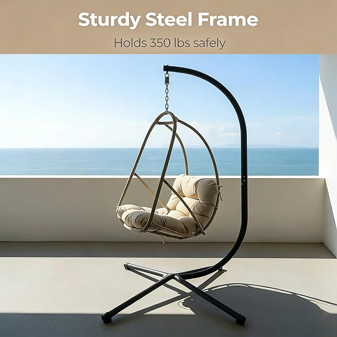 JESE Swing Egg Chair with Stand – UV Resistant Waterproof Cushion &amp Cup Holder Included Indoor/Outdoor Hanging Hammock Chair for Patio Bedroom Balcony Garden (Khaki)