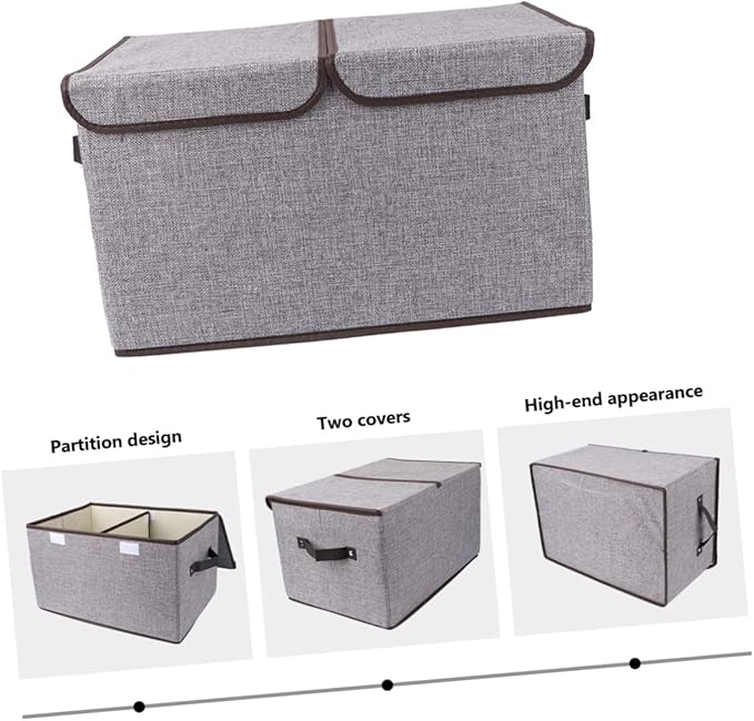 PRETYZOOM Foldable Fashion Storage Basket in Cotton Linen Double Lids Sturdy Collapsible Wardrobe Storage Box for Books Toys Magazines