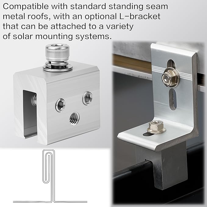48 PCS Metal Roof Panel Clamps for Standing Seam Roofs Non-Penetrating Aluminum Brackets with Stainless Steel Screws for Solar Racking Systems Snow Guards and Heat Cables U-Shaped Base