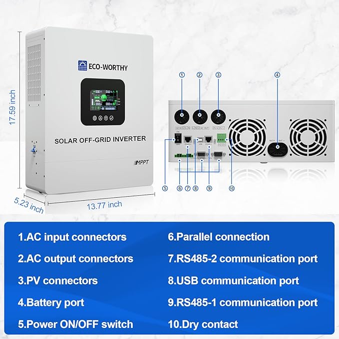 ECO-WORTHY 5000W UL1741 Solar Off-Grid Split-Phase AIO Inverter 48Vdc to120Vac 5500W@500V PV Input