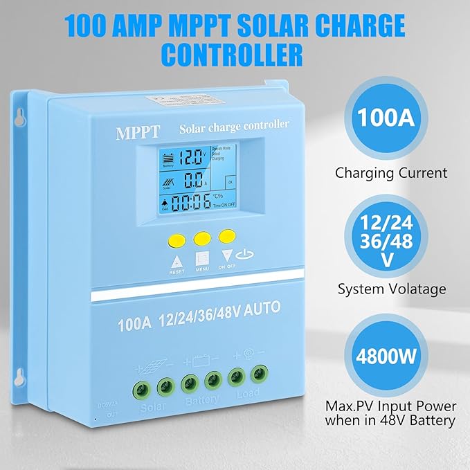 100A MPPT Solar Charge Controller Solar Panel Intelligent Regulator 12V 24V 36V 48V Dual USB Ports Max 100V Input for Lead-Acid/Lithium Blue