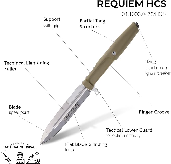 Extrema Ratio - Requiem (H.C.S) Fixed Blade Knife Bohler N690 steel blade 4.9 mm thick hardened to 58 HRC stone-washed finish lightweight ergonomic handle made in Italy