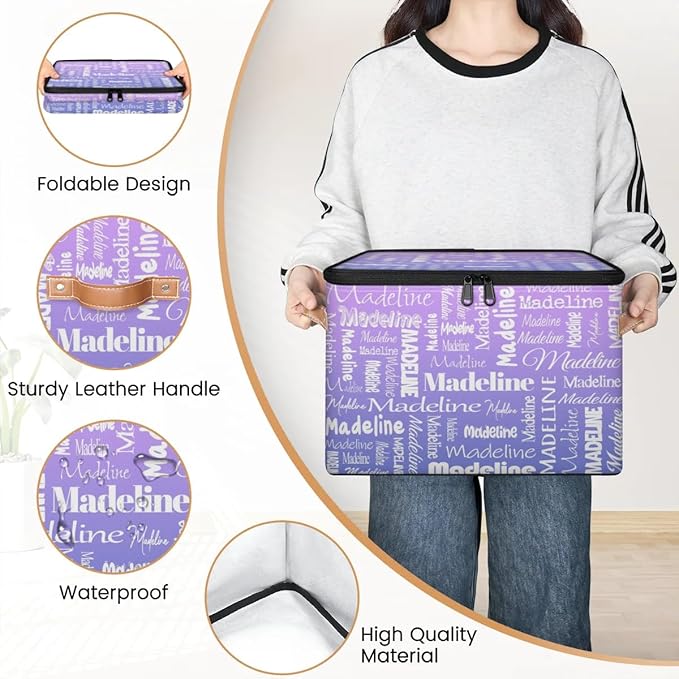 Custom Storage Basket with Name Personalized Keepsake Box with Zipper Lid Foldable Fabric Memory Bin Large capacity with Handle Purple