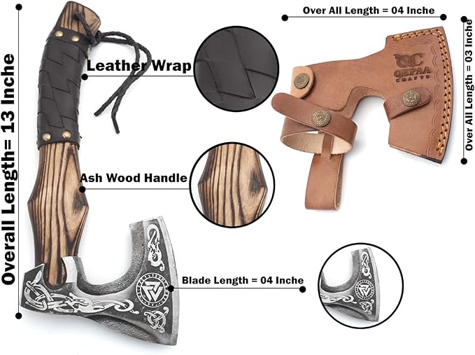 13” Inch Hand-Forged Viking Axe- Ash Wood Handle Hatchets and Axes with Leather Wrap Wood Splitting Axe Camping Axe Throwing Axes and Tomahawks - Gift for Him (Valknut)