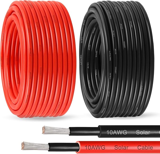 Solar Panel Wire 10 AWG(6mm²) - Solar Extension Cable 50Ft Black &amp 50Ft Red 10 Gauge Tinned Copper PV Wire for Outdoor Automotive RV Solar Panel Boat Marine (Black+Red)