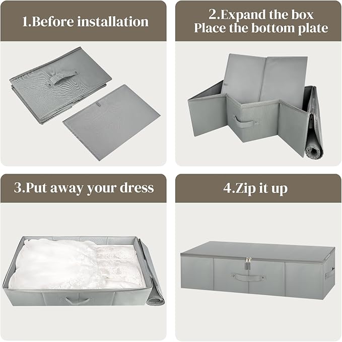 Wedding Dress Storage Box Wedding Dress Preservation Box With 50 Sheets of Acid Free Tissue Paper Microfiber Gloves and Clothing Desiccants Bridal Essentials for WeddingKeepsake (Gray)
